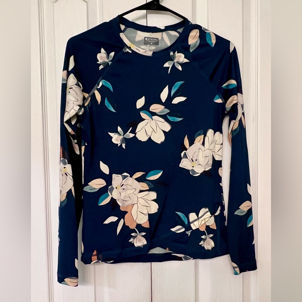 Athleta Navy Magnolia Floral Rashguard Long Sleeve Sun Swim Shirt